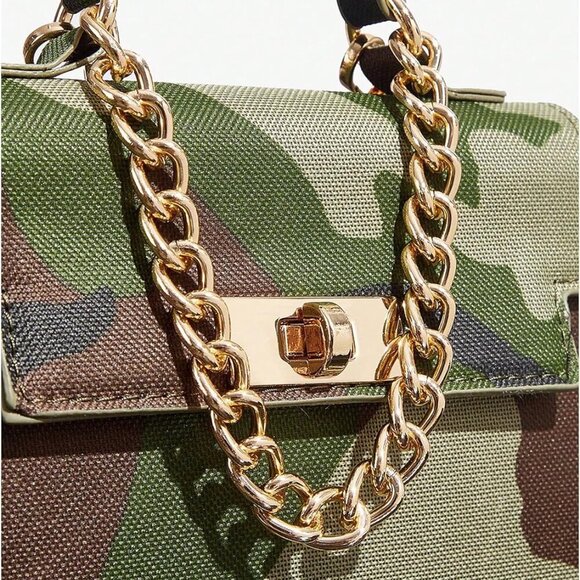 Women's Polyester Camo Flap Square Bag with Chain Strap Top Handle Crossbody - Picture 5 of 7
